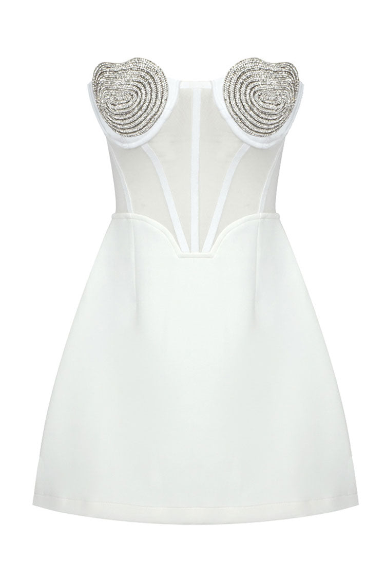 Sequined Crystal Heart Shape Semi Sheer Strapless Party Mini Dress - White