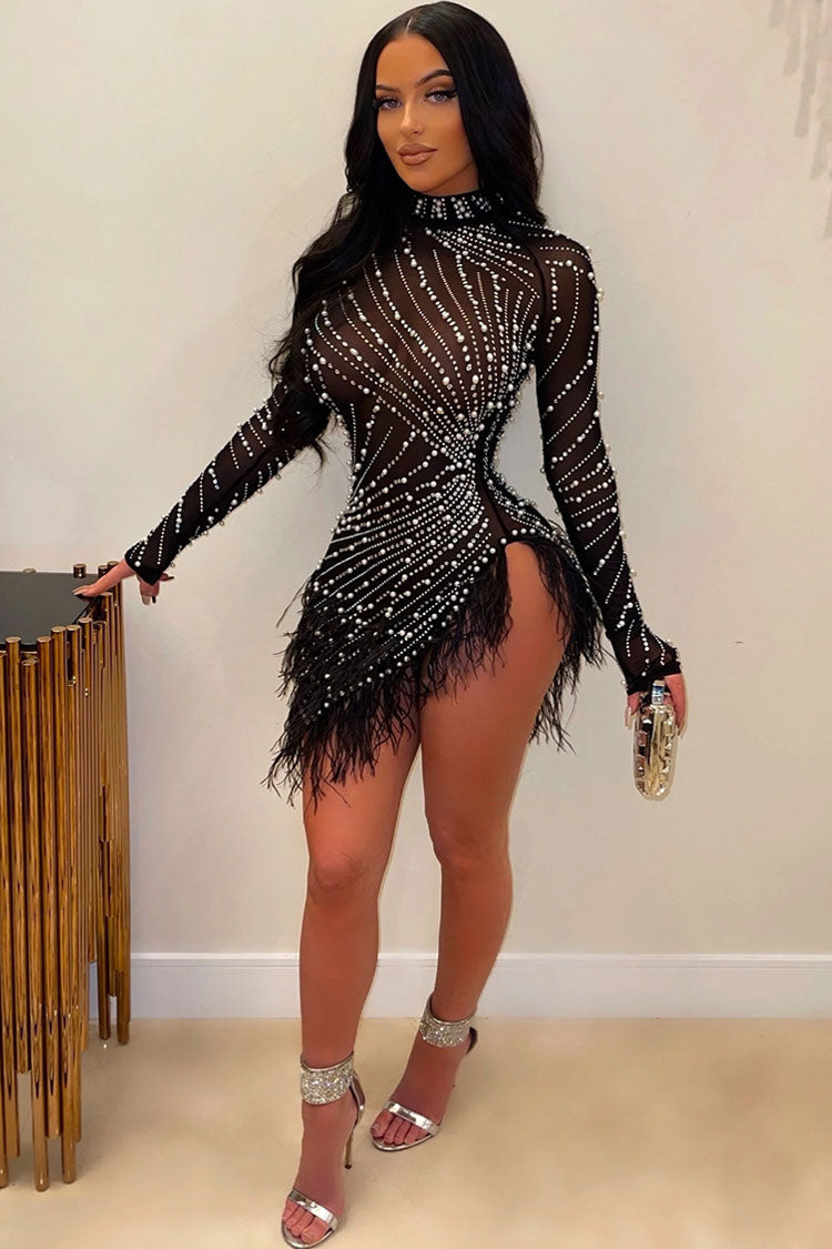 Glam Crystal High Neck Sheer Mesh Bodycon Feather Party Mini Dress - Black