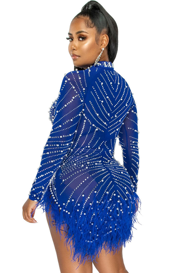 Glam Crystal High Neck Sheer Mesh Bodycon Feather Party Mini Dress - Blue