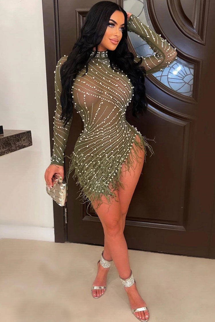 Shimmer Crystal High Neck Sheer Mesh Bodycon Feather Party Mini Dress - Green