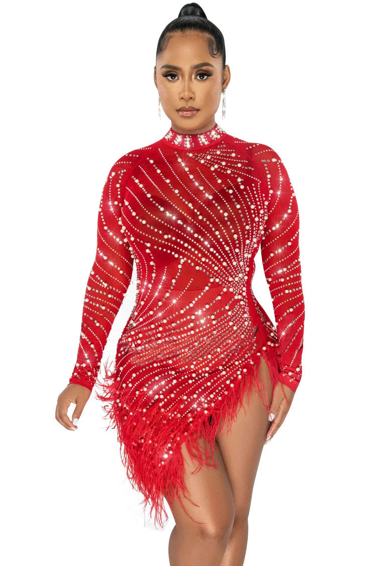 Shimmer Crystal High Neck Sheer Mesh Bodycon Feather Party Mini Dress - Red