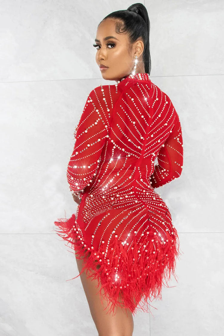 Shimmer Crystal High Neck Sheer Mesh Bodycon Feather Party Mini Dress - Red