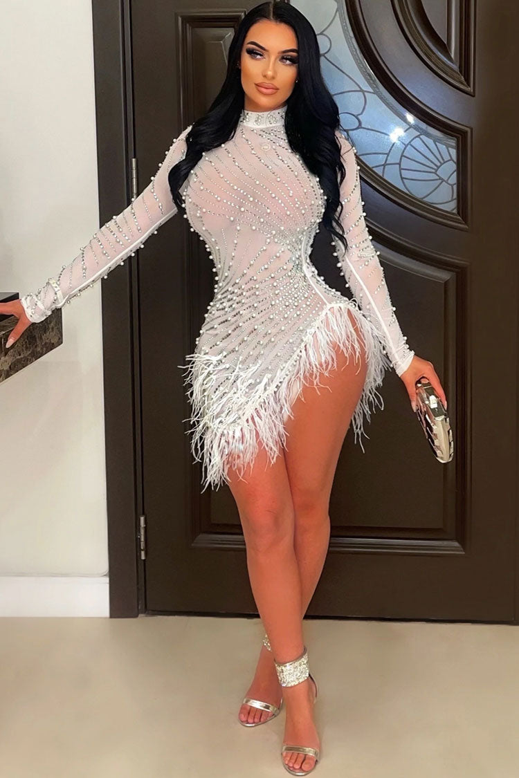 Glam Crystal High Neck Sheer Mesh Bodycon Feather Party Mini Dress - White