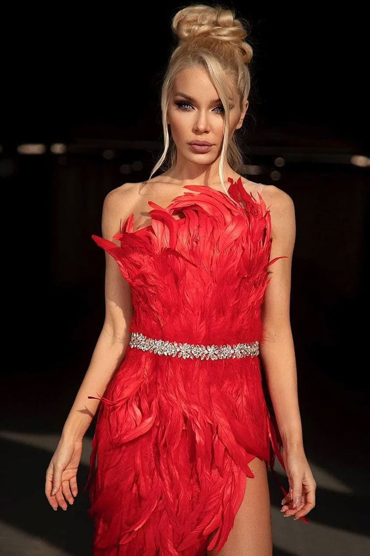 Crystal Sparkly One Shoulder High Slit Feather Midi Dress - Red