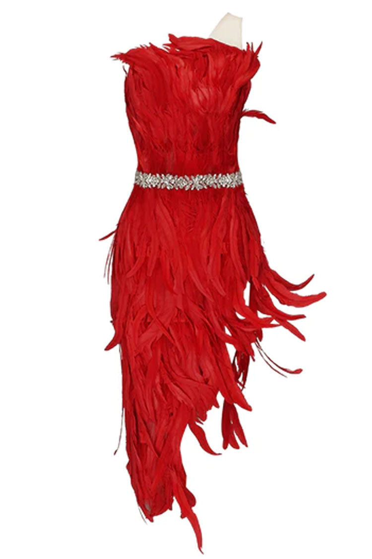 Crystal Sparkly One Shoulder High Slit Feather Midi Dress - Red