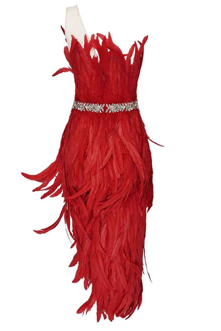 Crystal Sparkly One Shoulder High Slit Feather Midi Dress - Red