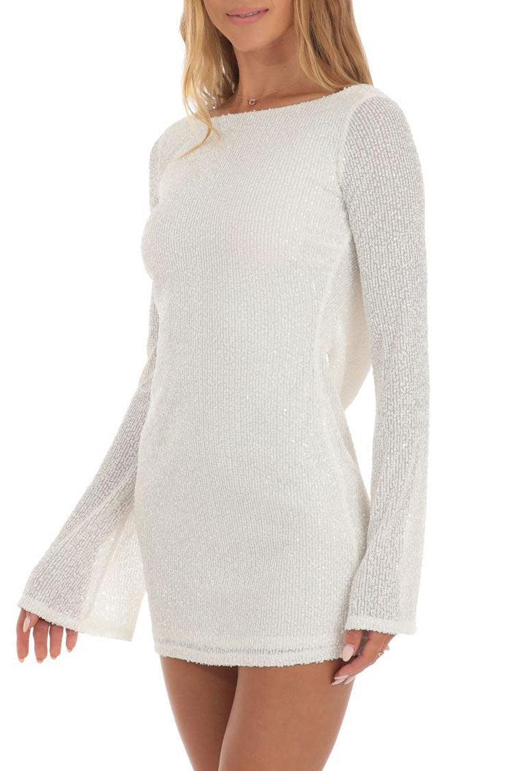 Shimmer Draped Backless Bell Sleeve Bodycon Sequin Party Mini Dress - White