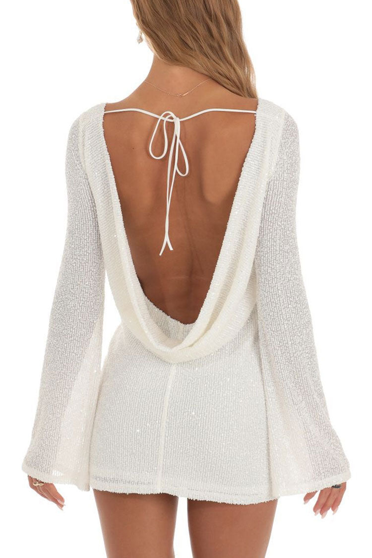 Shimmer Draped Backless Bell Sleeve Bodycon Sequin Party Mini Dress - White