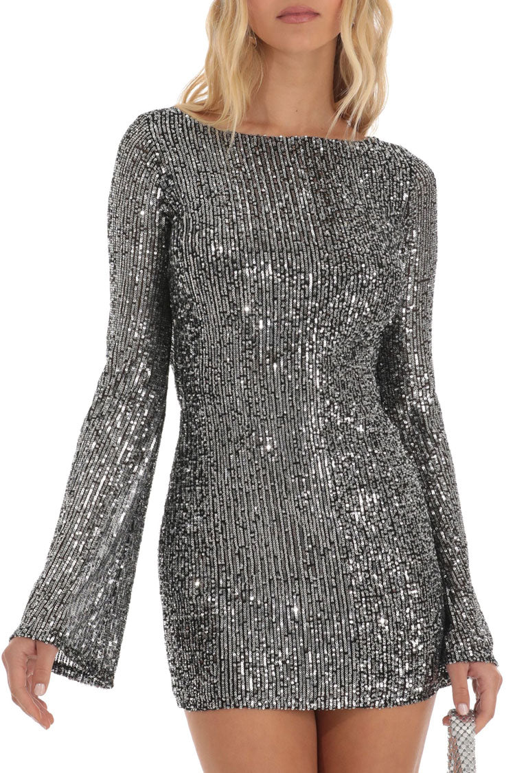 Glam Draped Backless Bell Sleeve Bodycon Sequin Party Mini Dress - Gray