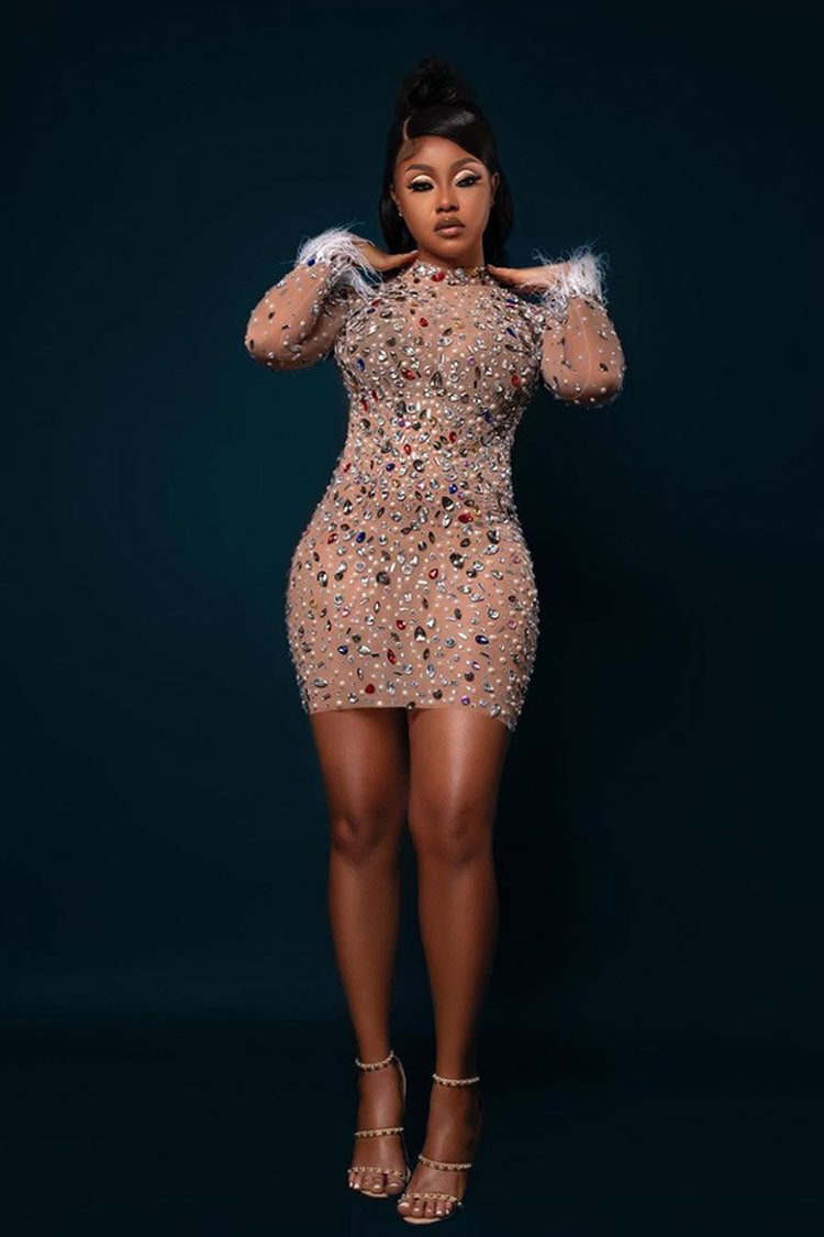 Glam Feather Padded Long Sleeve Rhinestone Sheer Mesh Party Mini Dress - Apricot
