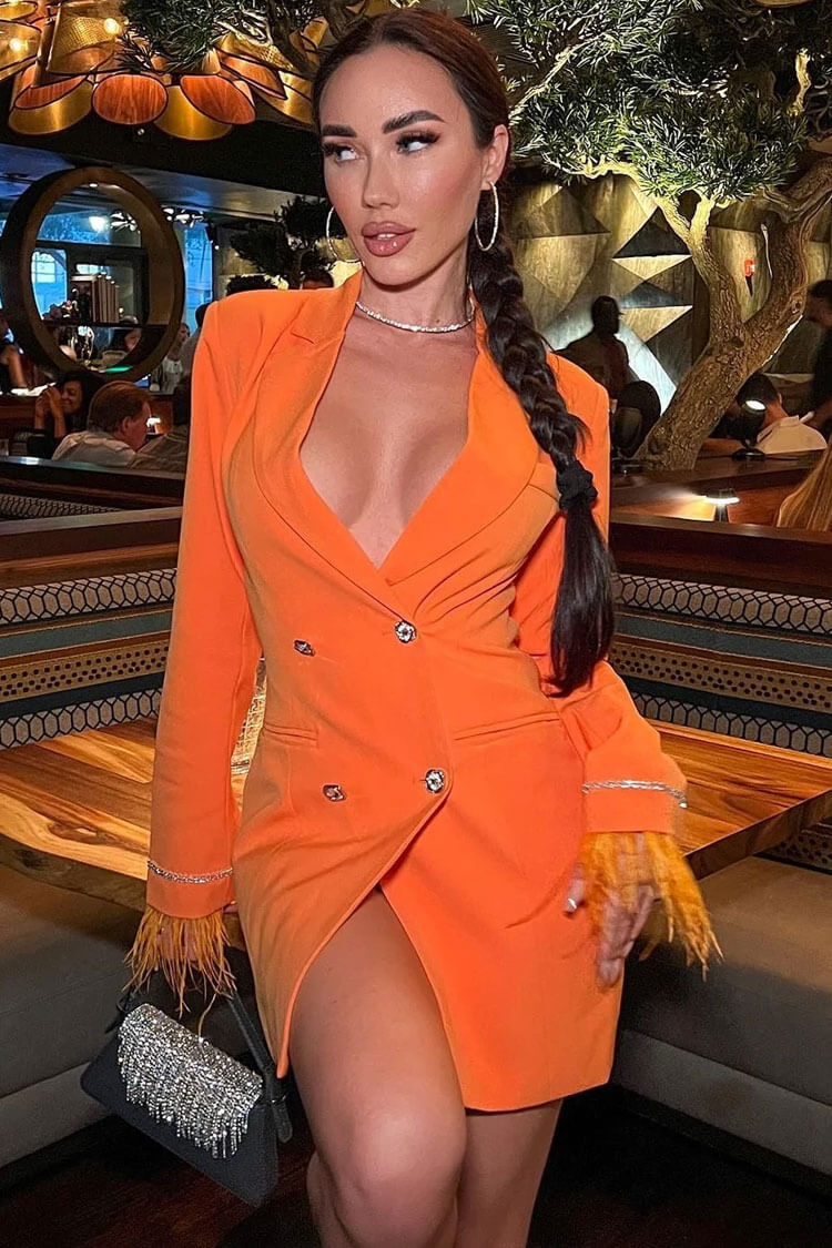 Glam Feather Trim Long Sleeve Cutout Back Blazer Mini Dress - Orange