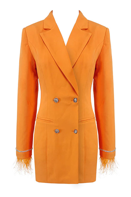 Glam Feather Trim Long Sleeve Cutout Back Blazer Mini Dress - Orange