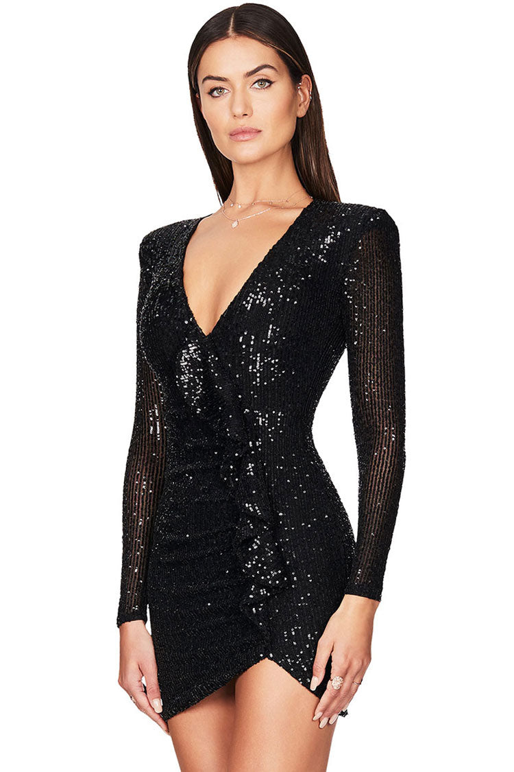 Shimmer Galaxy Long Sleeve Ruffle Deep V Sequin Mini Dress - Black