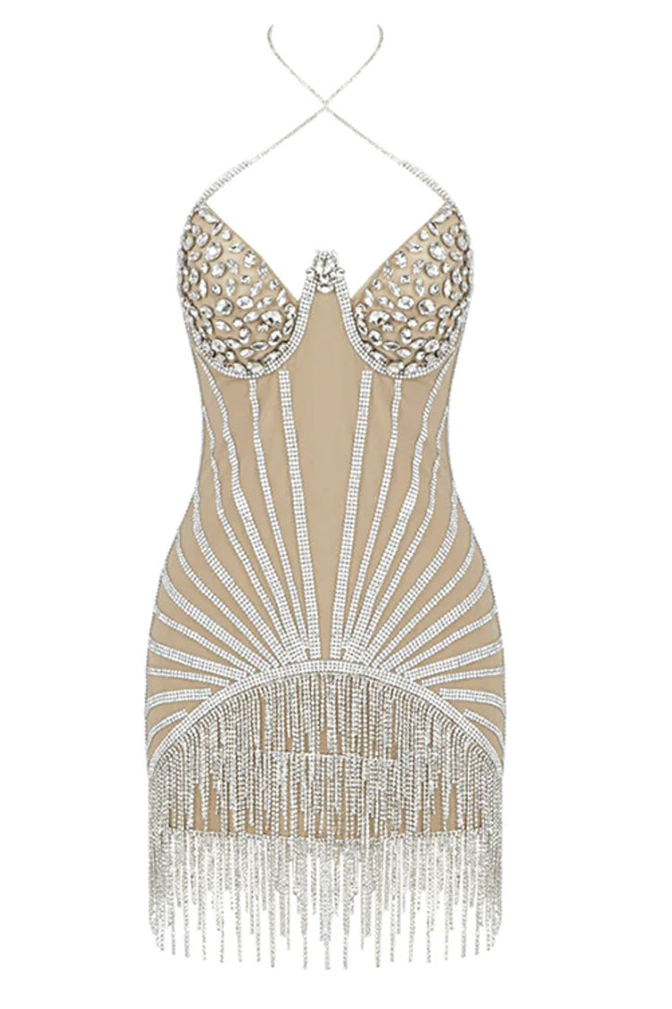 Glam Gatsby Rhinestone Fringe Trim Halter Mini Dress - Silver