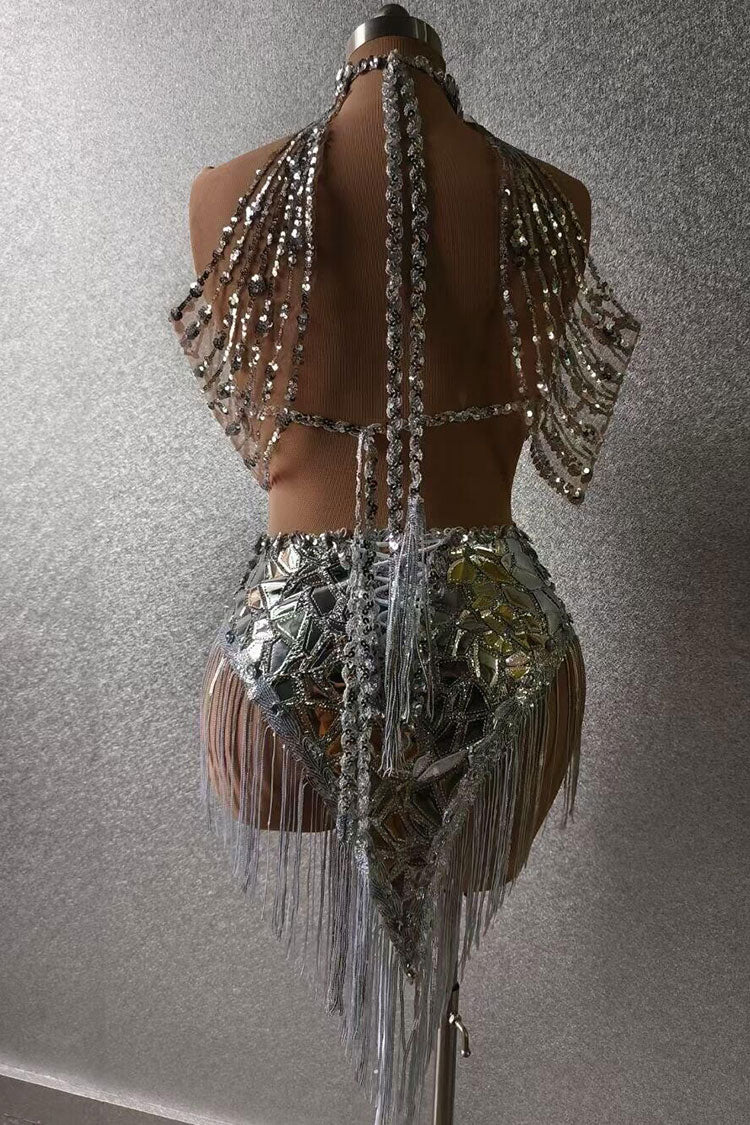 Sequined Halter Neck Cold Shoulder Backless Sequin Fringe Party Mini Dress - Silver