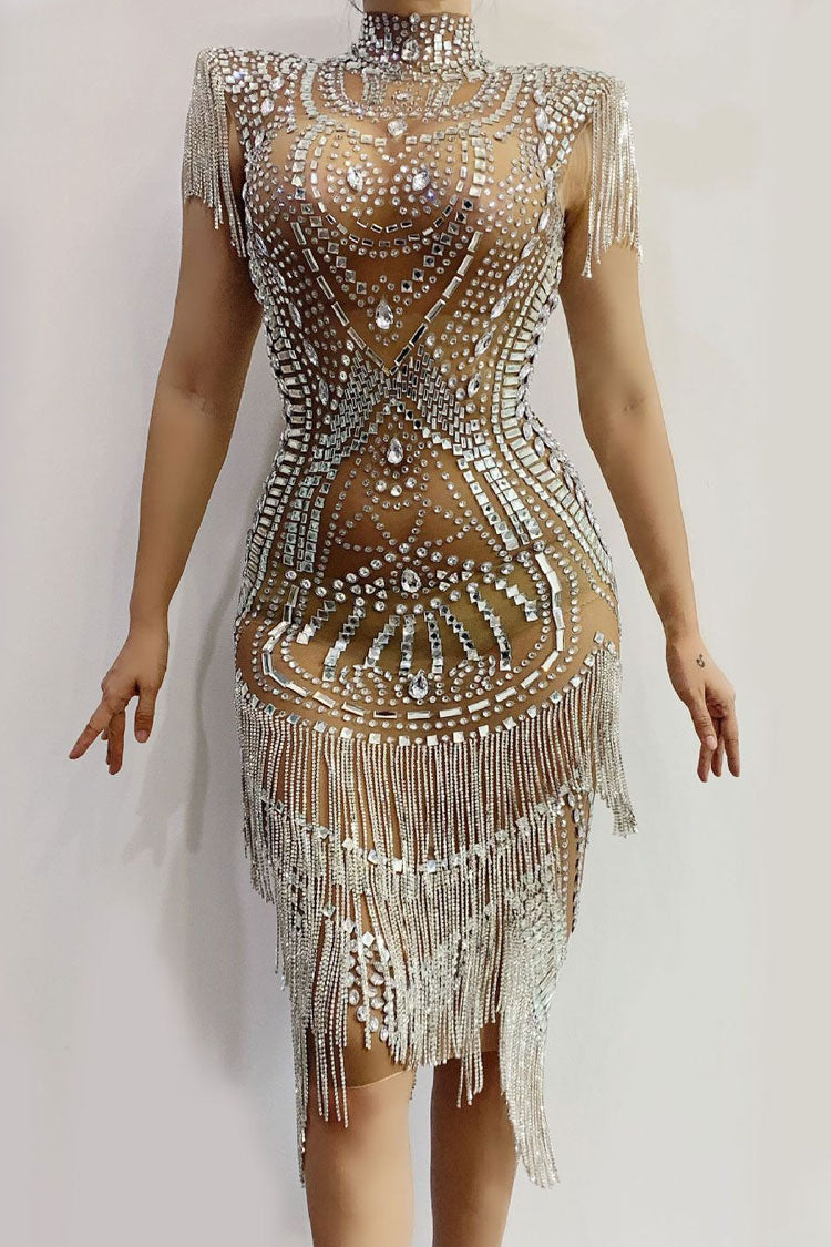 Sequined Halter Neck Shoulder Pad Rhinestone Fringe Cocktail Mini Dress - Silver
