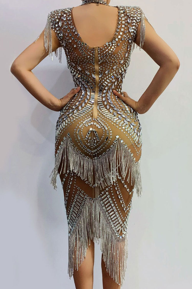 Sequined Halter Neck Shoulder Pad Rhinestone Fringe Cocktail Mini Dress - Silver