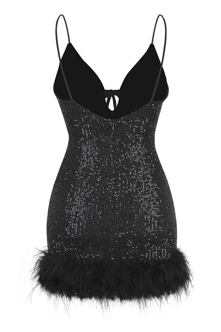 Glam Halter Neck Spaghetti Strap Feather Trim Sequin Party Mini Dress - Black