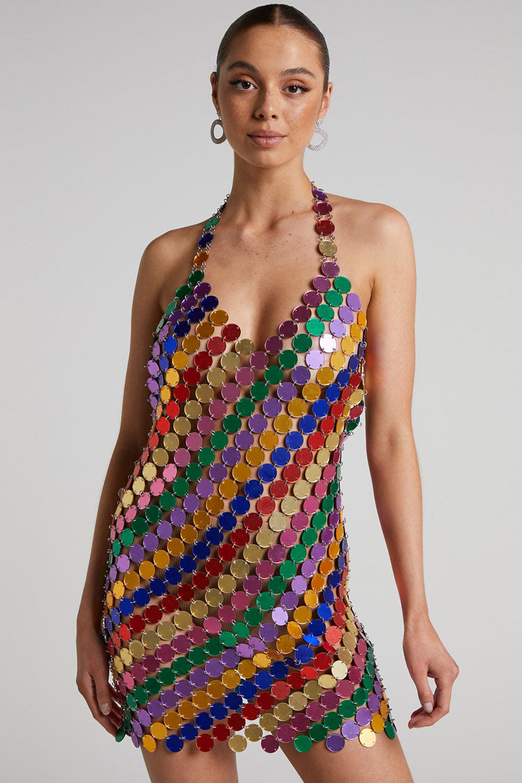 Glam Halter V Neck Backless Sheer Disc Sequin Club Mini Dress - Multicolor