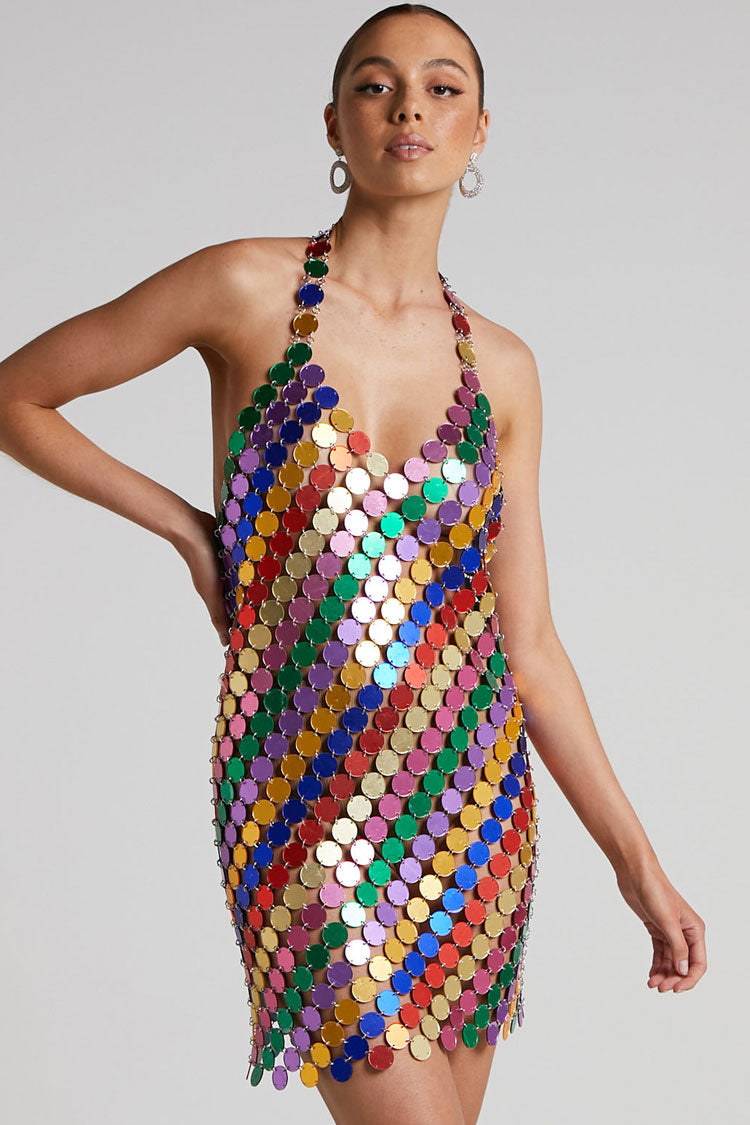 Glam Halter V Neck Backless Sheer Disc Sequin Club Mini Dress - Multicolor