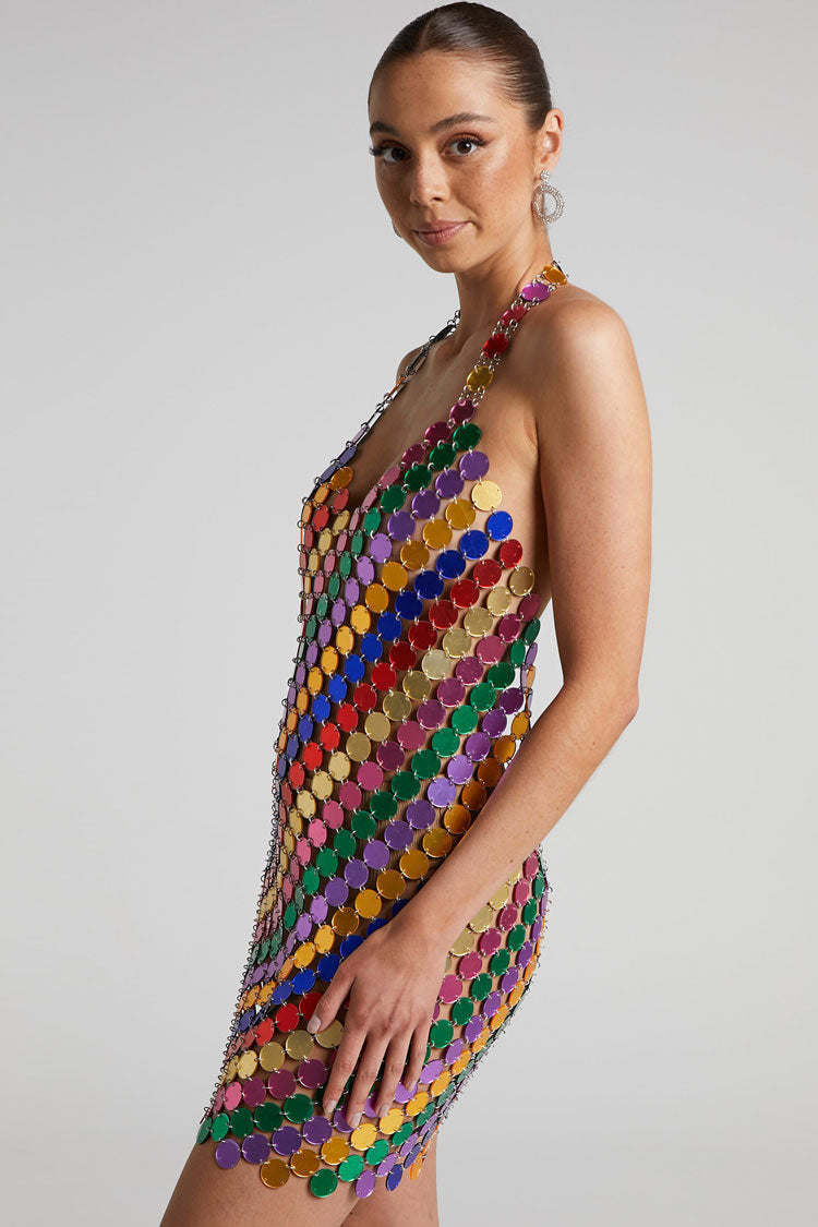 Glam Halter V Neck Backless Sheer Disc Sequin Club Mini Dress - Multicolor