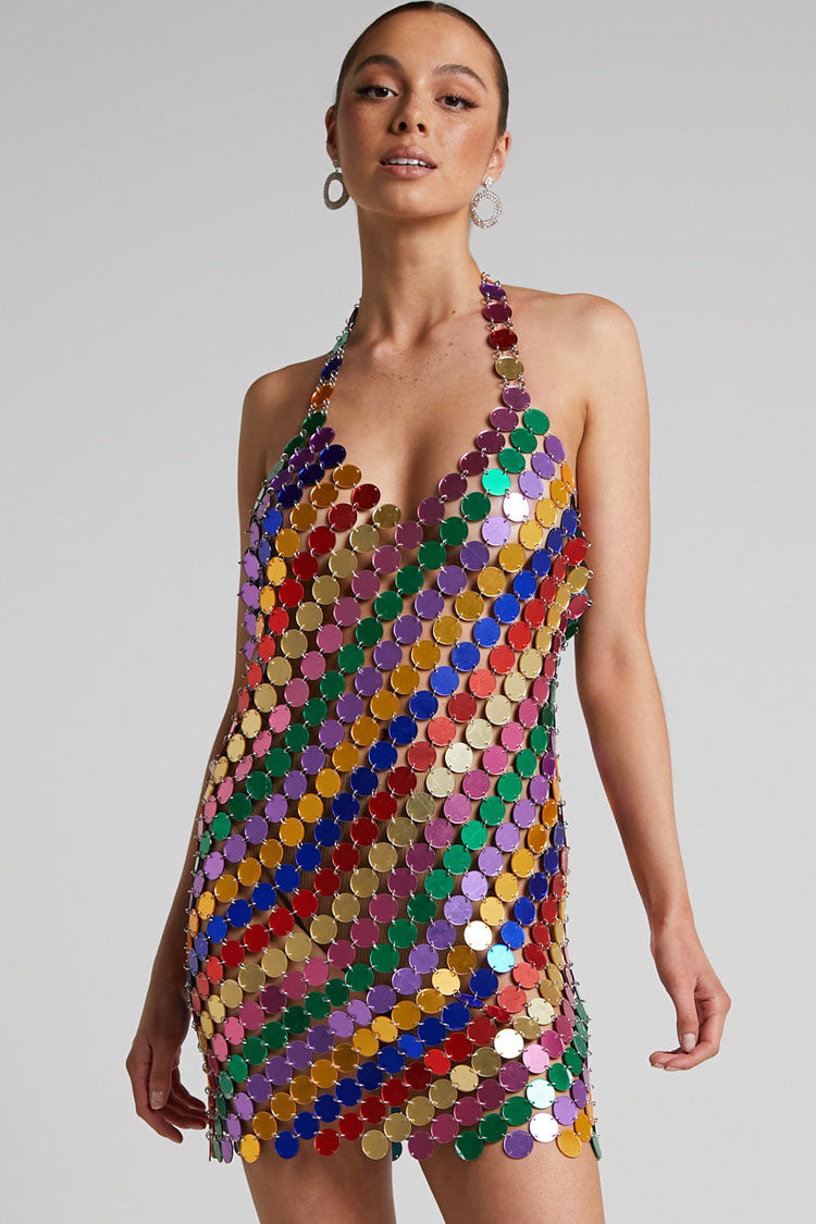 Glam Halter V Neck Backless Sheer Disc Sequin Club Mini Dress - Multicolor