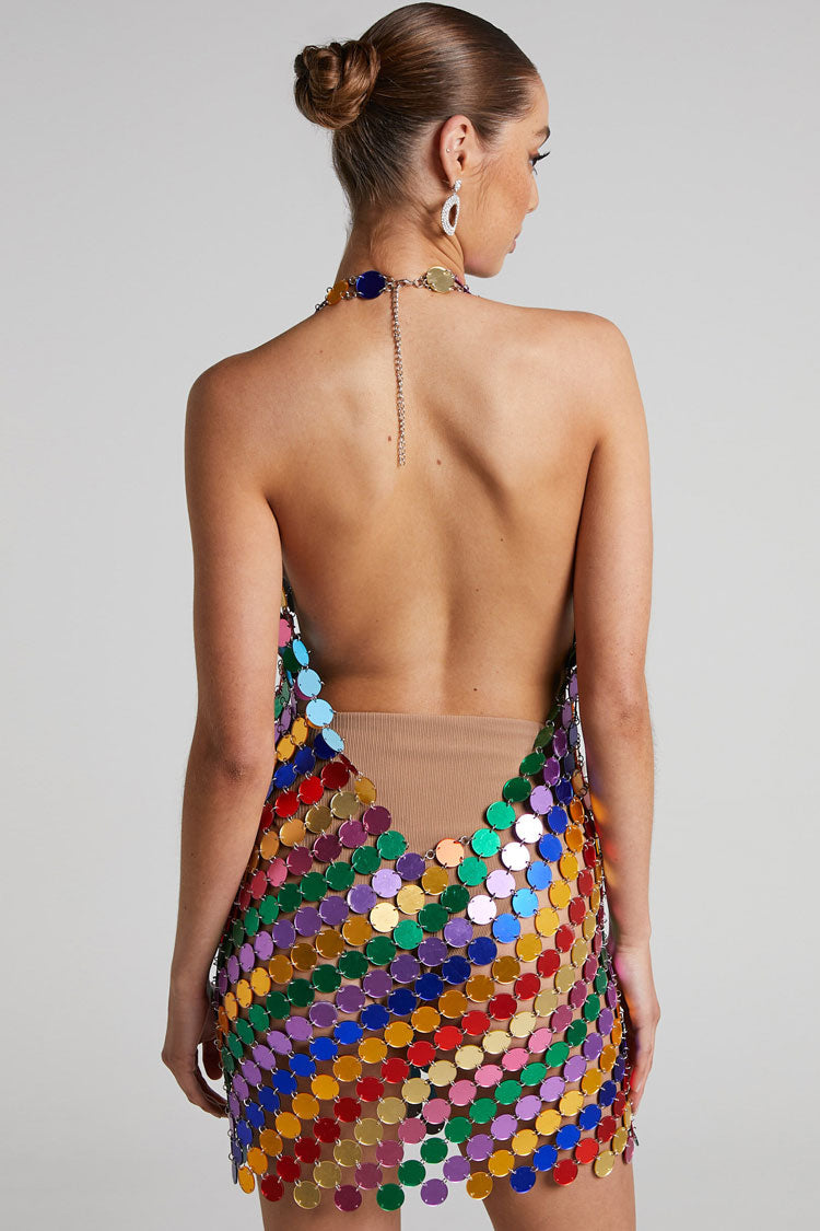 Glam Halter V Neck Backless Sheer Disc Sequin Club Mini Dress - Multicolor