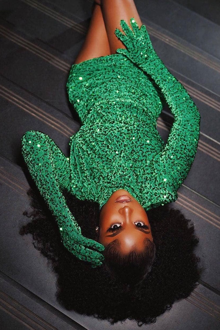 Shimmer High Neck Glove Sleeve Ruched Velvet Sequin Party Mini Dress - Emerald Green