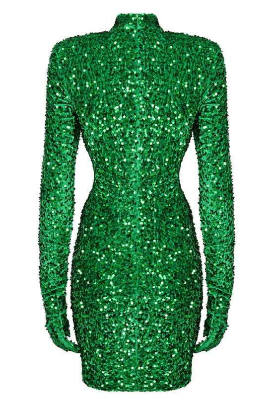 Shimmer High Neck Glove Sleeve Ruched Velvet Sequin Party Mini Dress - Emerald Green