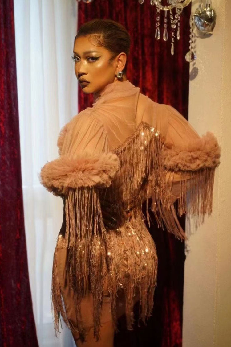 Shimmer High Neck Ruffle Sheer Tulle Layered Sequin Fringe Mini Dress - Dusty Pink