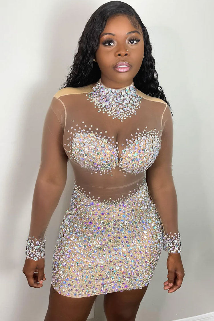 Sequined High Neck Sleeved Rhinestone Panel Sheer Mesh Mini Dress - Apricot