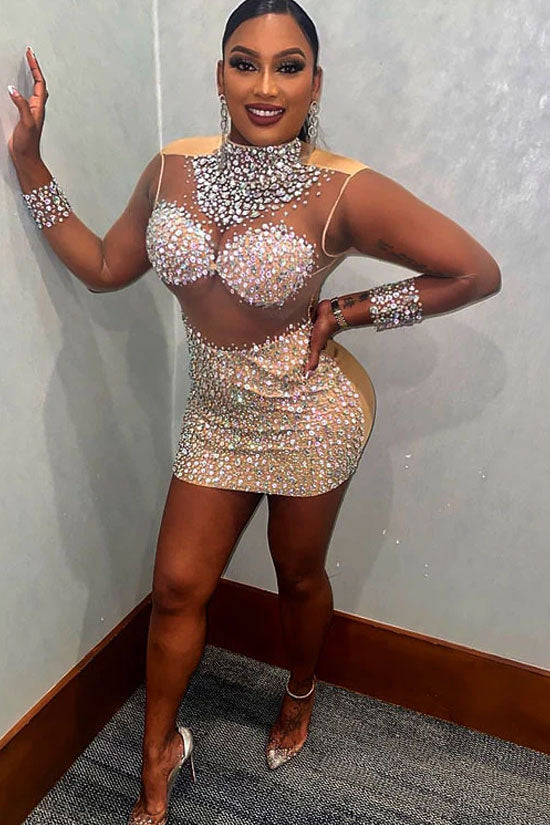 Sequined High Neck Sleeved Rhinestone Panel Sheer Mesh Mini Dress - Apricot