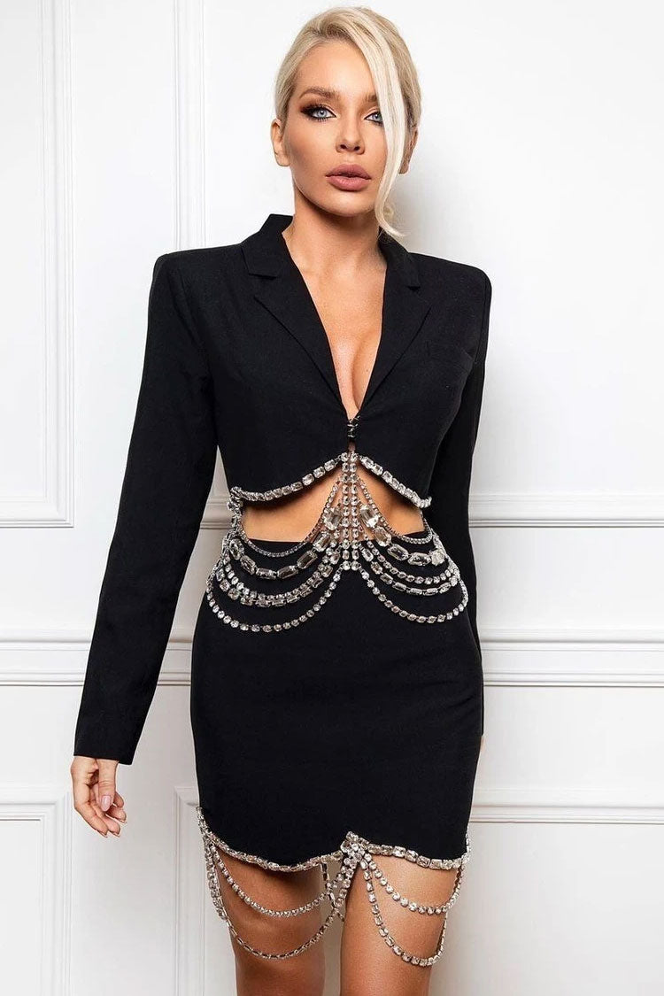 Shimmer Layered Rhinestone Crop Blazer Two Piece Mini Dress - Black