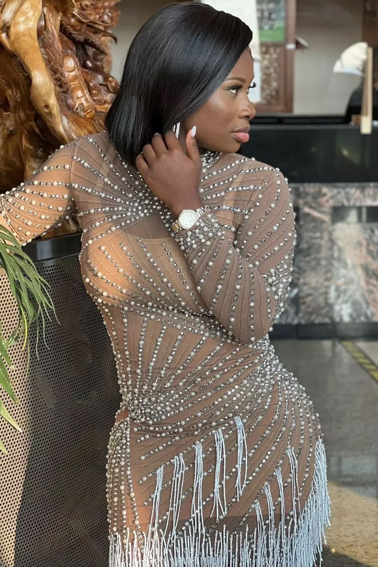 Glam Long Sleeve Pearl Rhinestone Fringe Sheer Mesh Party Mini Dress - Brown