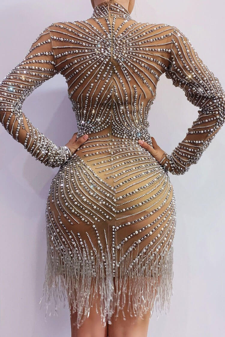 Glam Long Sleeve Pearl Rhinestone Fringe Sheer Mesh Party Mini Dress - Brown