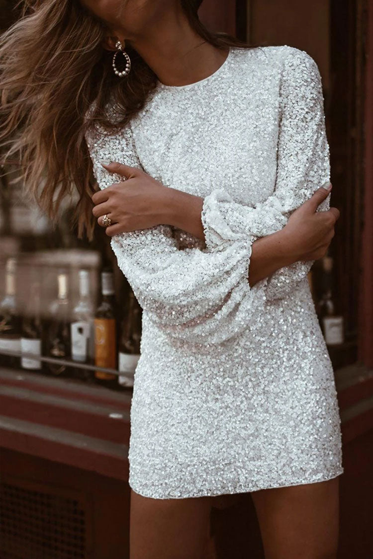 Sequined Long Sleeve Round Neck Sequin Mini Dress - White