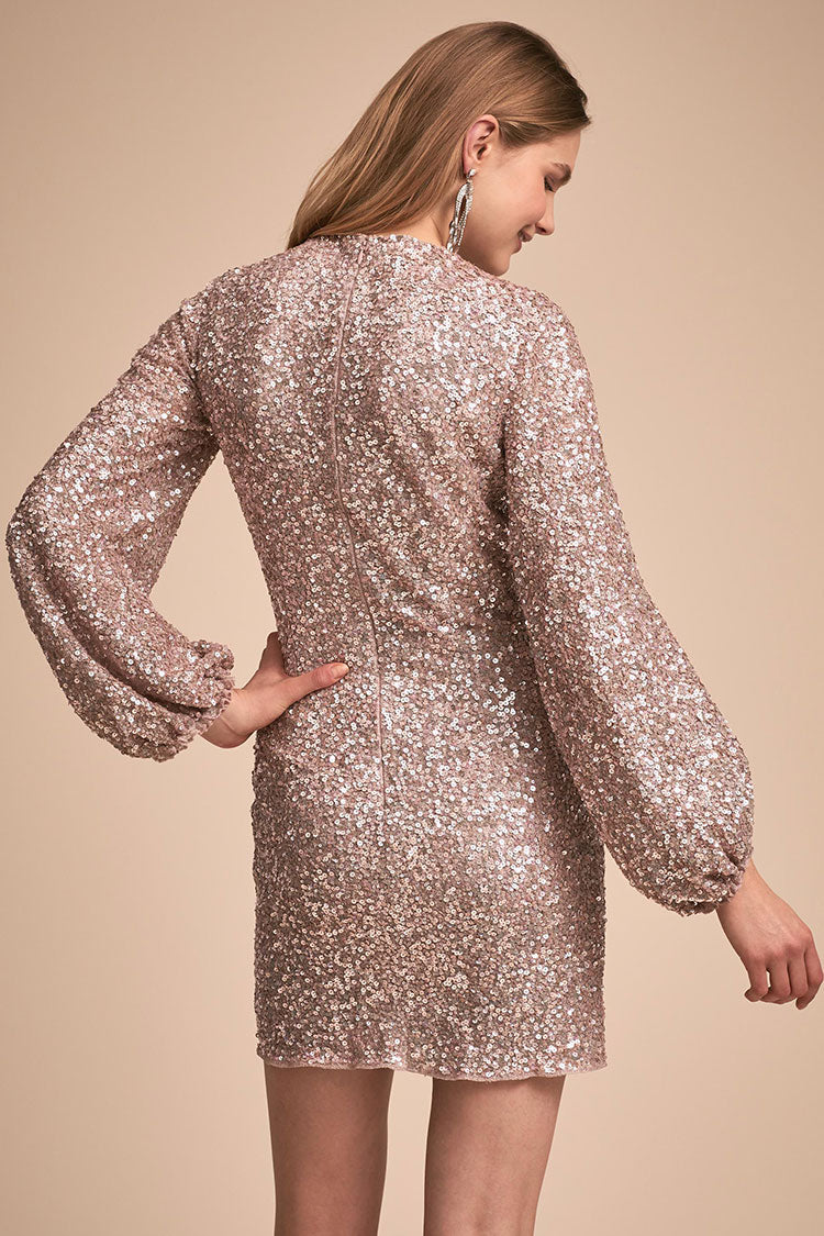 Sequined Long Sleeve Round Neck Sequin Mini Dress - Gold