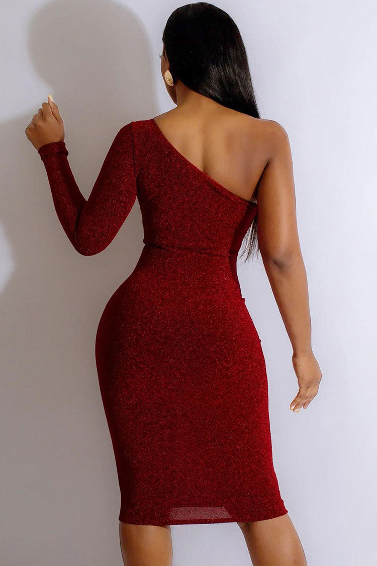 Lurex Sparkly Cutout One Shoulder Long Sleeve Bodycon Cocktail Midi Dress - Red