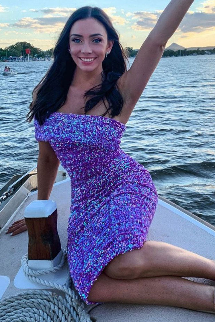 One Sparkly Shoulder Bodycon Velvet Sequin Midi Dress - Purple