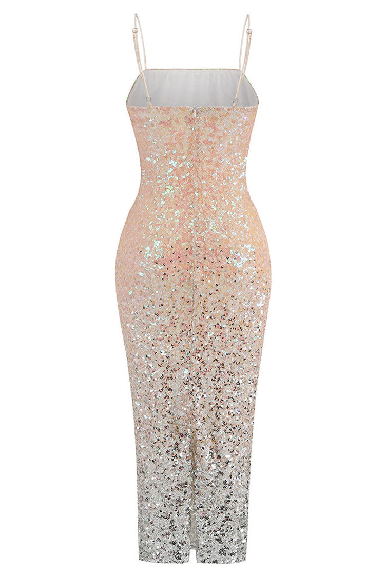 Ombre Sparkly Sequin Spaghetti Strap Cutout Side Cocktail Midi Dress - Pink