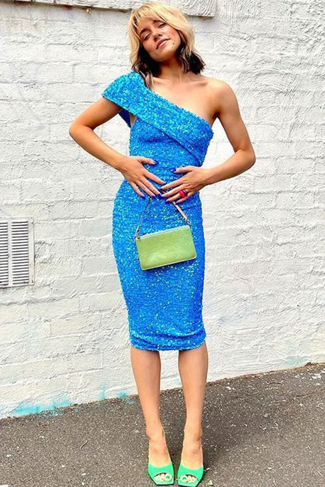 One Sparkly Shoulder Bodycon Velvet Sequin Midi Dress - Blue