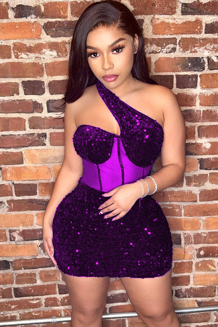 Glam One Shoulder Mesh Velvet Sequin Bodycon Party Mini Dress - Purple