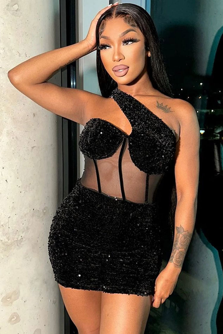 Shimmer One Shoulder Mesh Velvet Sequin Bodycon Party Mini Dress - Black