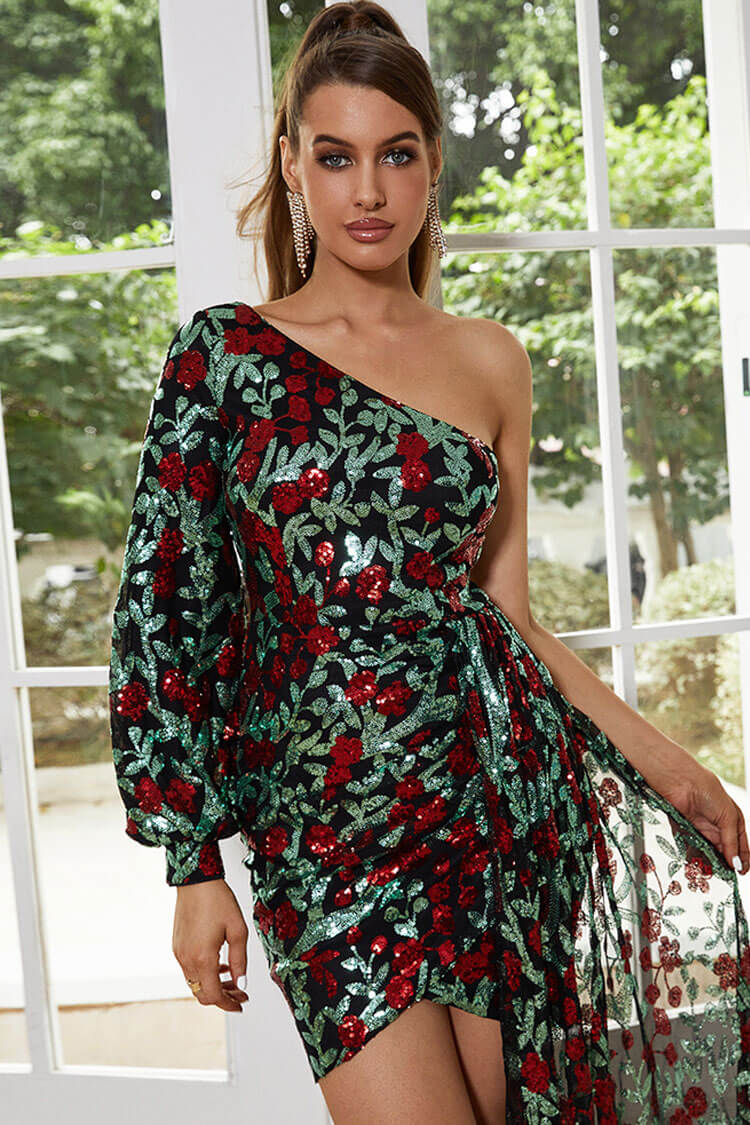 Sparkly One Shoulder Sequined Bloom Draped Party Mini Dress - Green