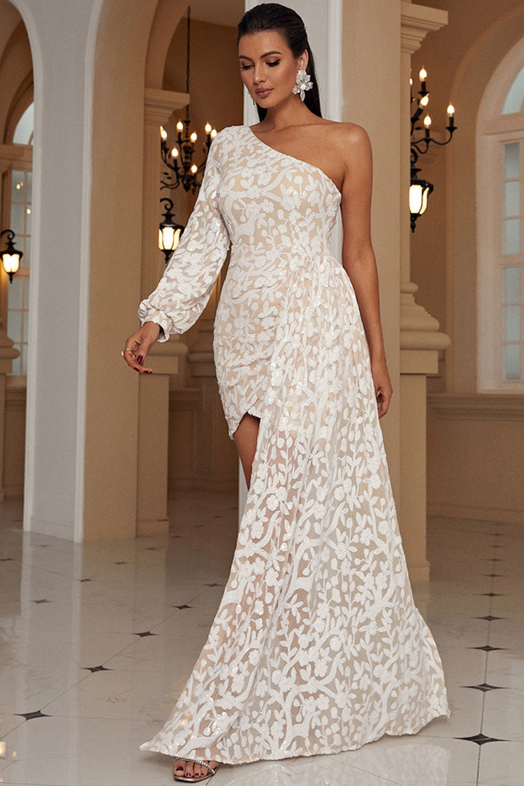 Sparkly One Shoulder Sequined Flower Draped Party Mini Dress - Apricot