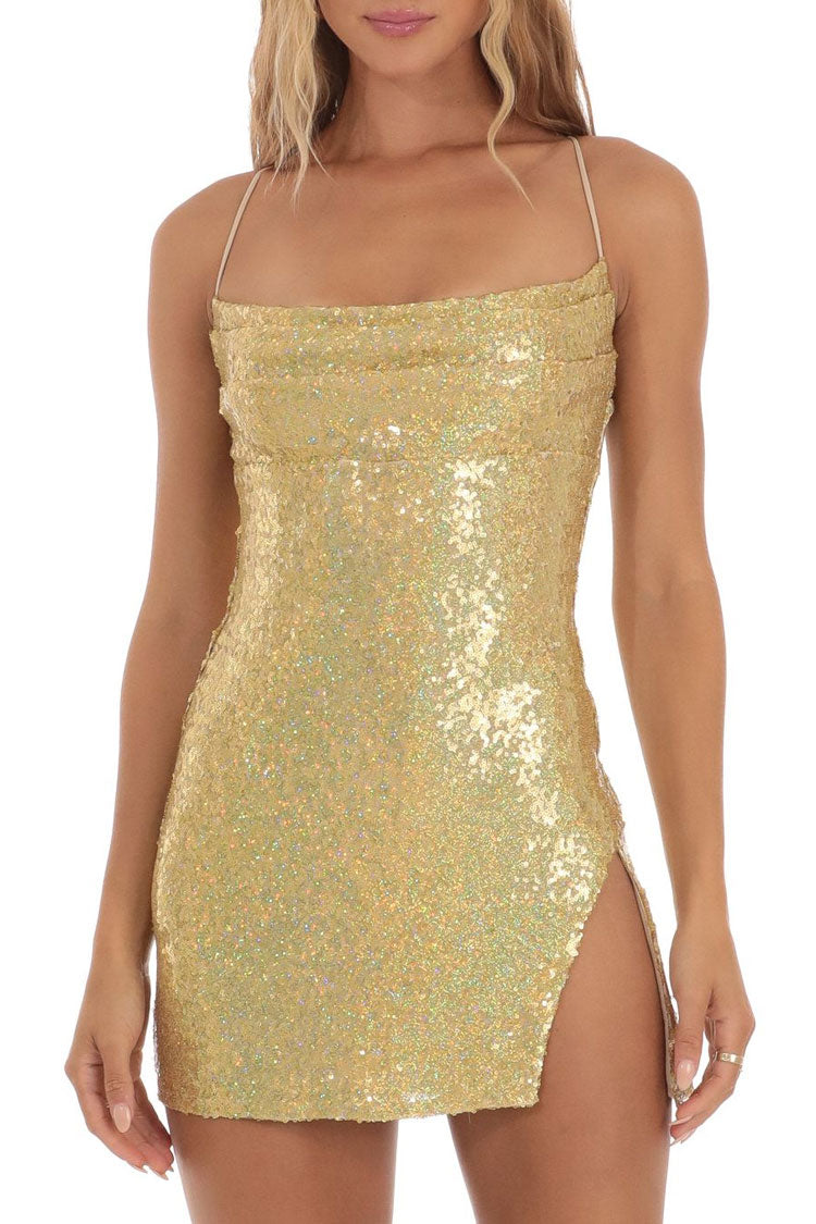 Glam Pleated Trim Sleeveless Slit Bodycon Sequin Party Mini Dress - Gold