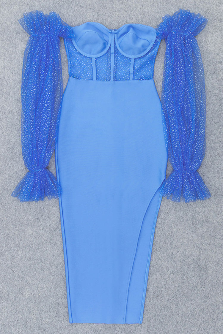 Puff Sparkly Sleeve Off Shoulder Corset Mesh Bandage Midi Dress - Blue