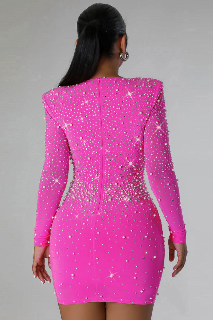 Sequined Rhinestone Beaded Bustier Long Sleeve Party Mini Dress - Hot Pink