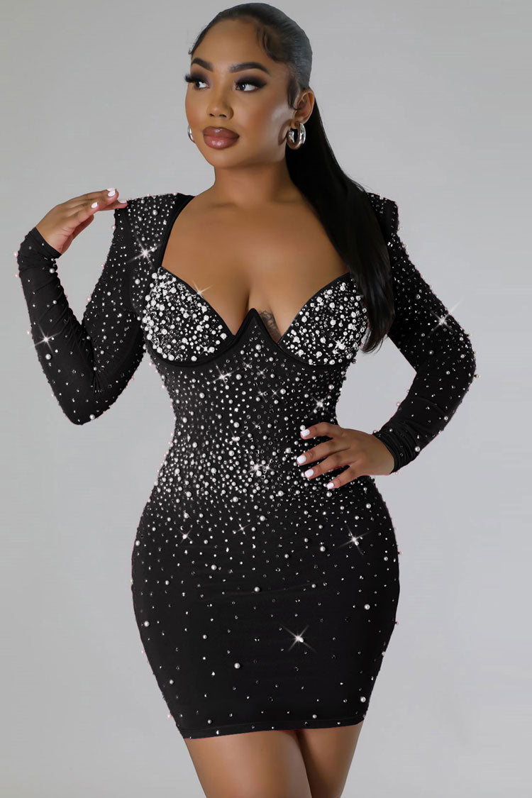 Glam Rhinestone Beaded Bustier Long Sleeve Party Mini Dress - Black