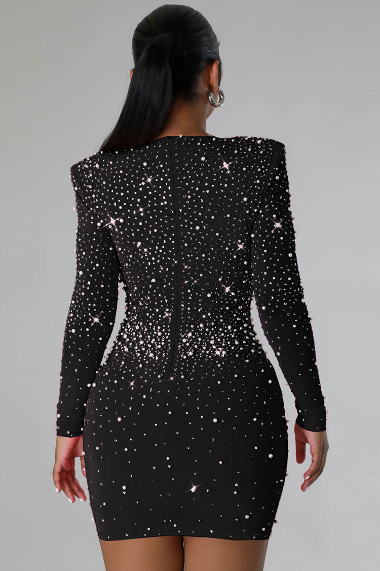 Glam Rhinestone Beaded Bustier Long Sleeve Party Mini Dress - Black